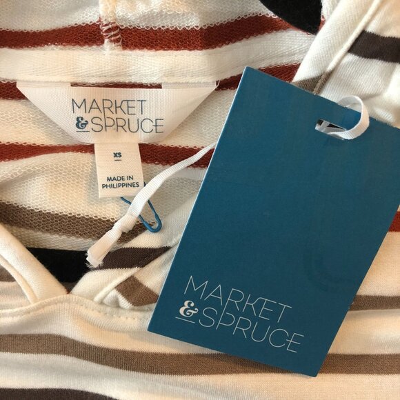 Market & Spruce Milania French Terry Curved Hem Hoodie Striped Pockets XS - Picture 3 of 4